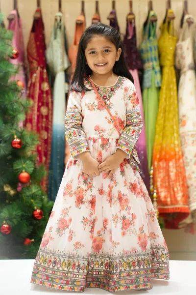 White with Floral Print work Long Party Gown
